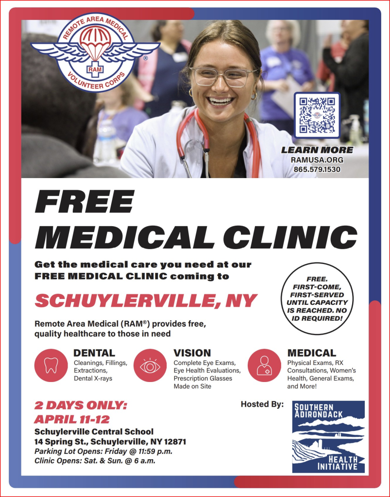 Remote Area Medical Free healthcare clinic hosted by Southern ADK Health Initiative Clinic Info sheet